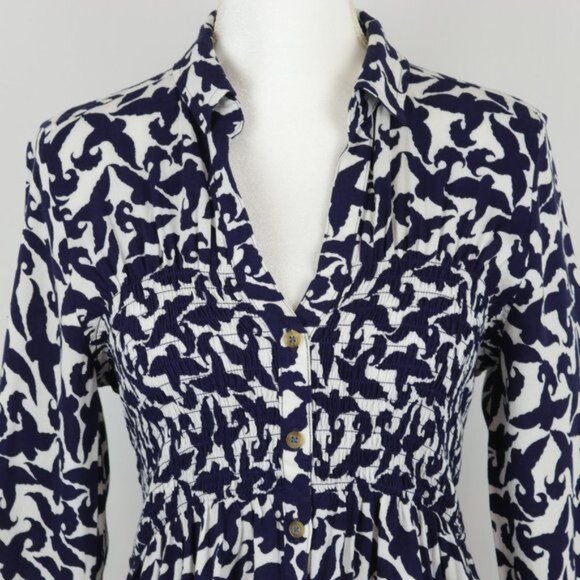 Maeve Alexa Women's XS Blue White Linen Blend V-Neck 3/4 Sleeve Shirred Blouse - Picture 3 of 10